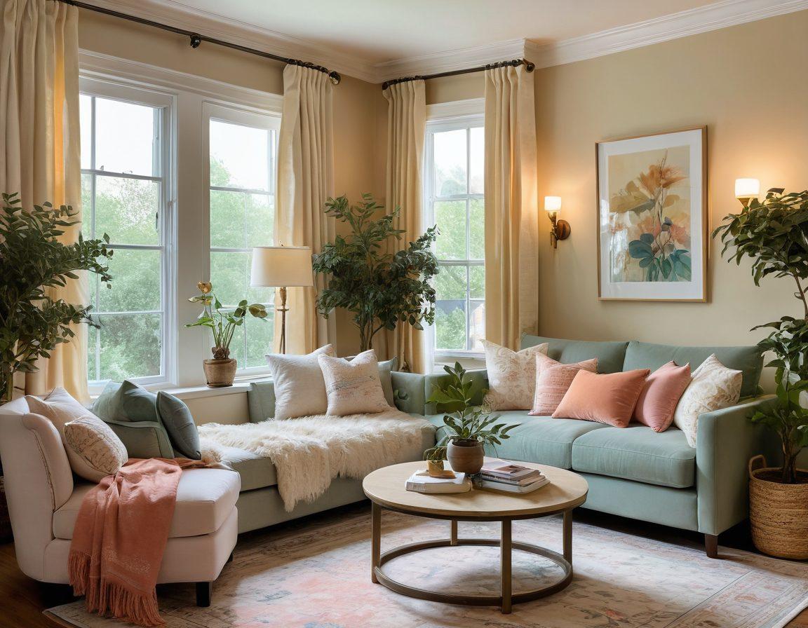 A beautifully transformed living room showcasing a blend of eccentric and elegant styles. Soft, blissful colors with plush seating arrangements, adorned with unique artworks and delicate decor. A cozy reading nook by a window, filled with plants and soft textiles, creating an inviting ambiance. Subtle lighting casts a warm glow, enhancing the tranquil atmosphere. super-realistic. vibrant colors. cozy aesthetic.