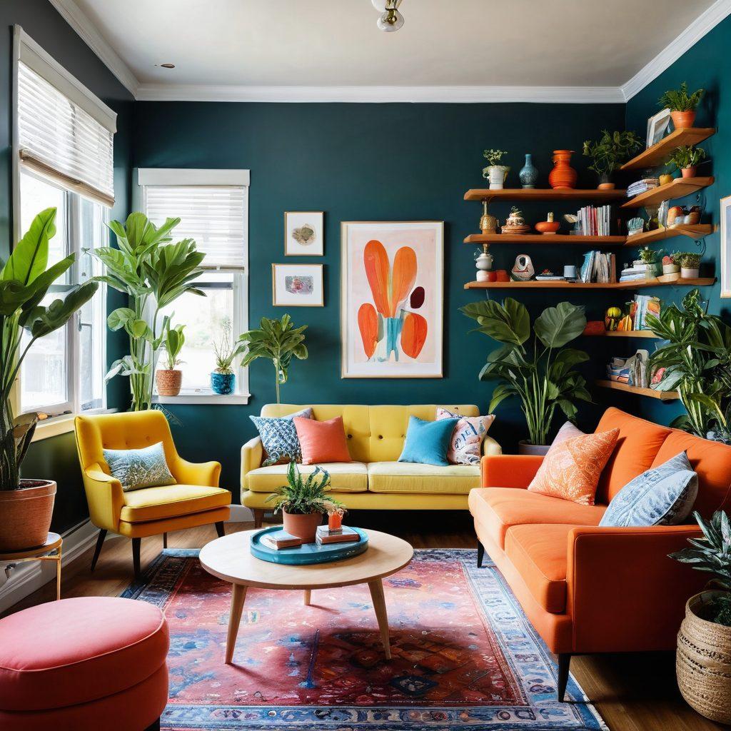 A whimsical living room filled with colorful, eclectic furniture and vibrant decor, showcasing playful art pieces and quirky shelving units. The space is flooded with warm, natural light, highlighting unique houseplants and handmade crafts. Cozy corners invite relaxation, while styled walls boast cheerful murals. super-realistic. vibrant colors. bright and inviting.