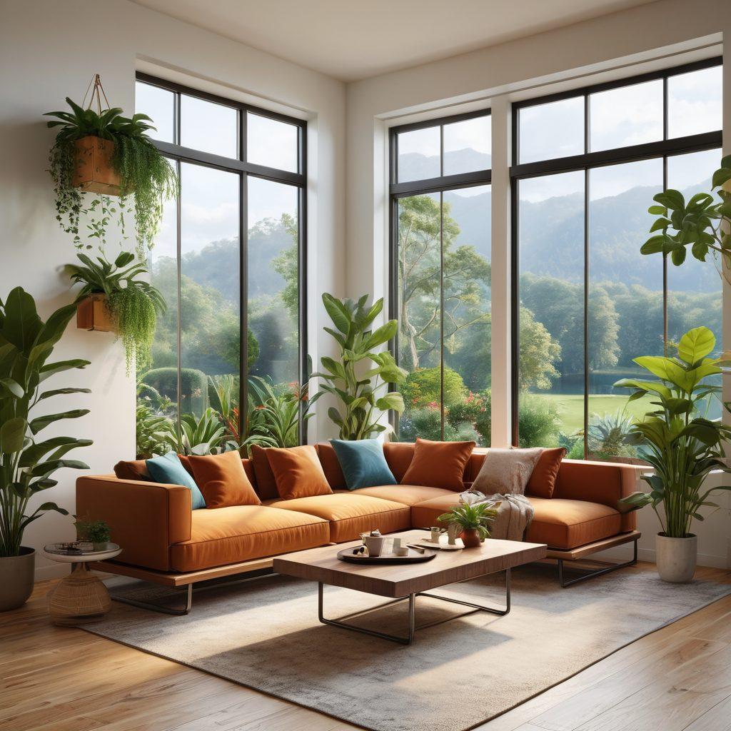 A cozy, modern living room featuring innovative furniture designs, such as a floating sofa and a multifunctional coffee table, surrounded by lush indoor plants and large windows showcasing a serene landscape. Soft, warm lighting enhances the atmosphere, emphasizing comfort and creativity. Include stylish decor elements like art pieces and smart home gadgets. super-realistic. vibrant colors.